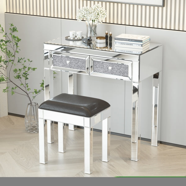 ZNTS Mirrored Desk Makeup Table with Crystal Diamond,Mirror,MDF Dressing Table with 2 Drawer W104336327